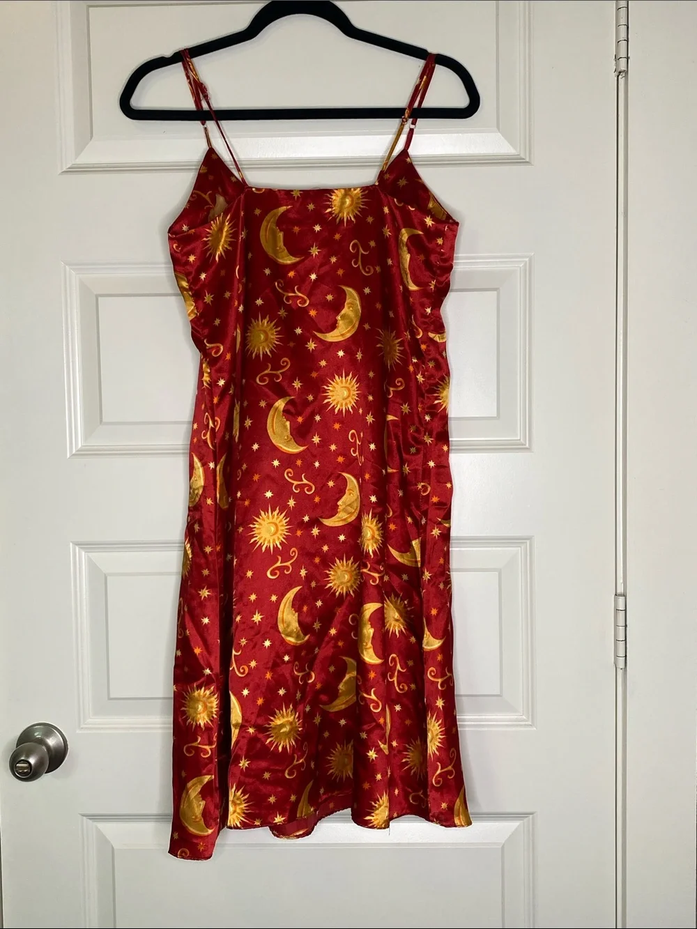 Vintage Red Satin Chemise with Gold Moon & Sun Print - Picture 3 of 4